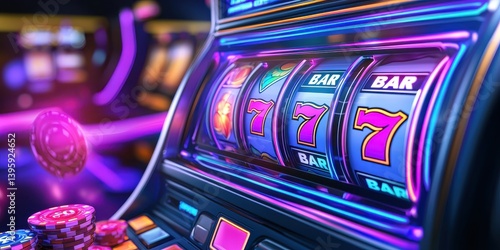 A high-tech slot machine glowing with neon lights, featuring an animated digital screen with spinning symbols.