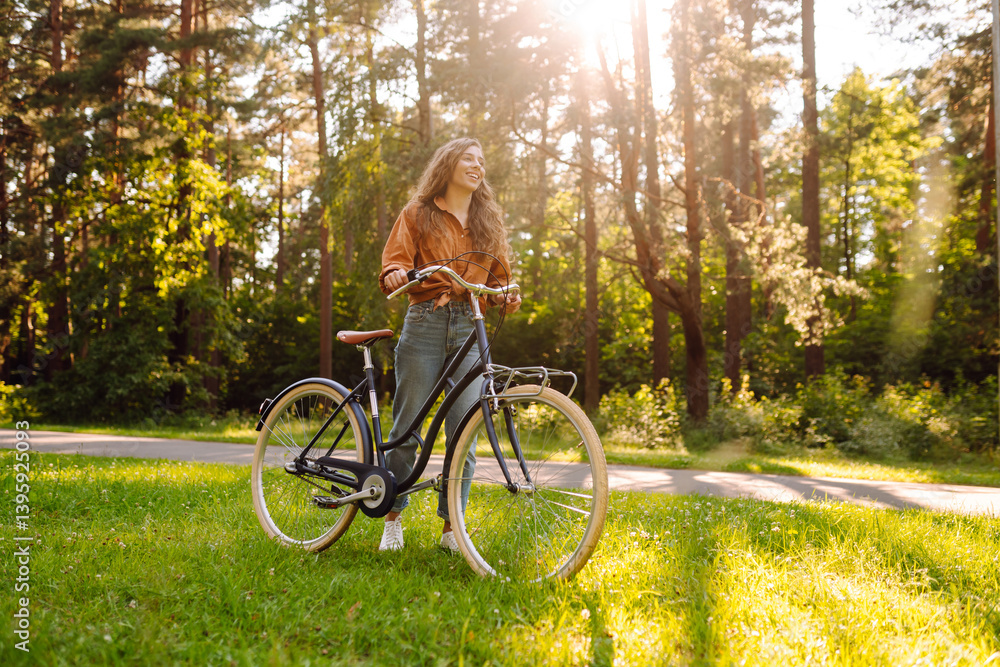 Obraz premium Young woman enjoying bike ride in sunny forest. Beautiful tourist having fun at sunset. Concept of rest, walks. Active lifestyle.