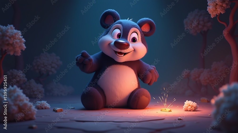 Naklejka premium Adorable Cartoon Bear Discovering a Sparkling Object in Enchanted Forest
