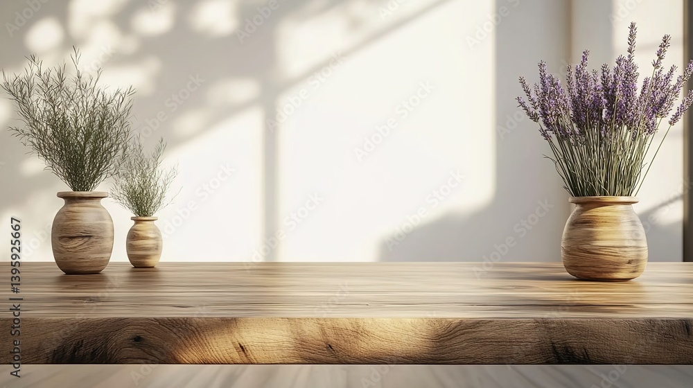 Fototapeta premium Two wooden vases filled with lavender flowers on a rustic wooden table, soft lighting casting shadows, minimalist natural style, white background.