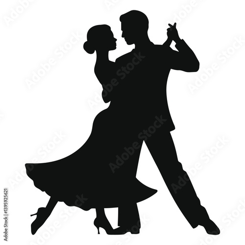 Silhouette of a Couple Dancing the Ballroom Dance/A captivating black silhouette of a man and woman passionately dancing a ballroom dance, against a plain white background.