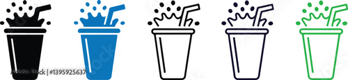  Set of Beverage Cup Icons with Splashing Liquid and Straws in Various Colors