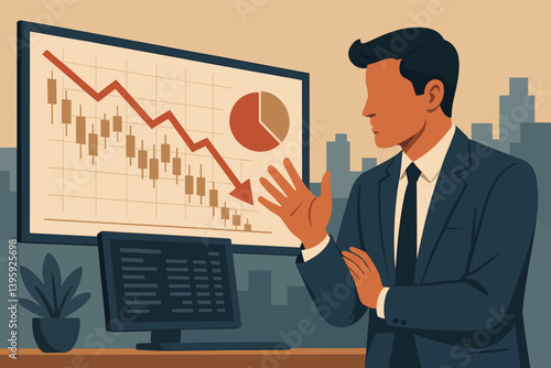 Stock market recession. Concerned businessman viewing a falling stock market chart. Vector illustration