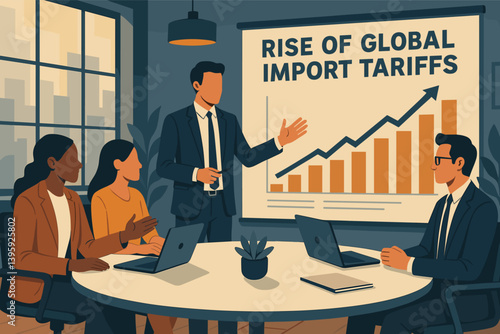 Business meeting discussing rise of global import tariffs with upward chart. Vector illustration