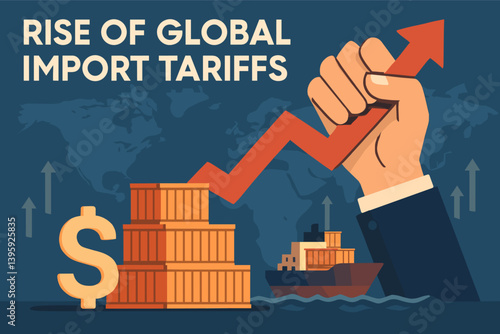 Rise of global import tariffs concept with shipping containers and cargo ships. Vector illustration