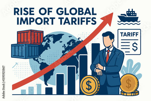 Rising global import tariffs with shipping containers and businessman. Vector illustration