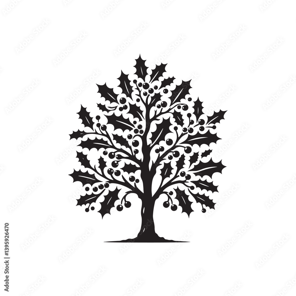 Obraz premium Holly Tree Art - Minimalist holly tree Silhouette - Holly Tree Vector - Tree Illustration.