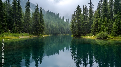 Fototapeta Naklejka Na Ścianę i Meble -  Serene Forest Lake Landscape: A tranquil lake mirrors the towering evergreen trees of a vast forest under a misty sky, creating a scenic, atmospheric environment of peace and natural beauty.