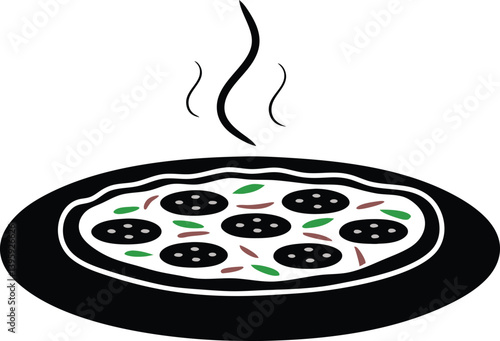 Hot pepperoni and mushroom pizza silhouette black vector illustration