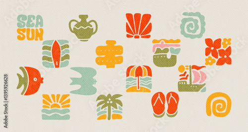 Set of trendy hand drawn abstract symbols of summer nature, sea vacation , surf vibes and blooming plants. Large collection, unusual organic forms in squared art-matisse style by hand. Flat Vector