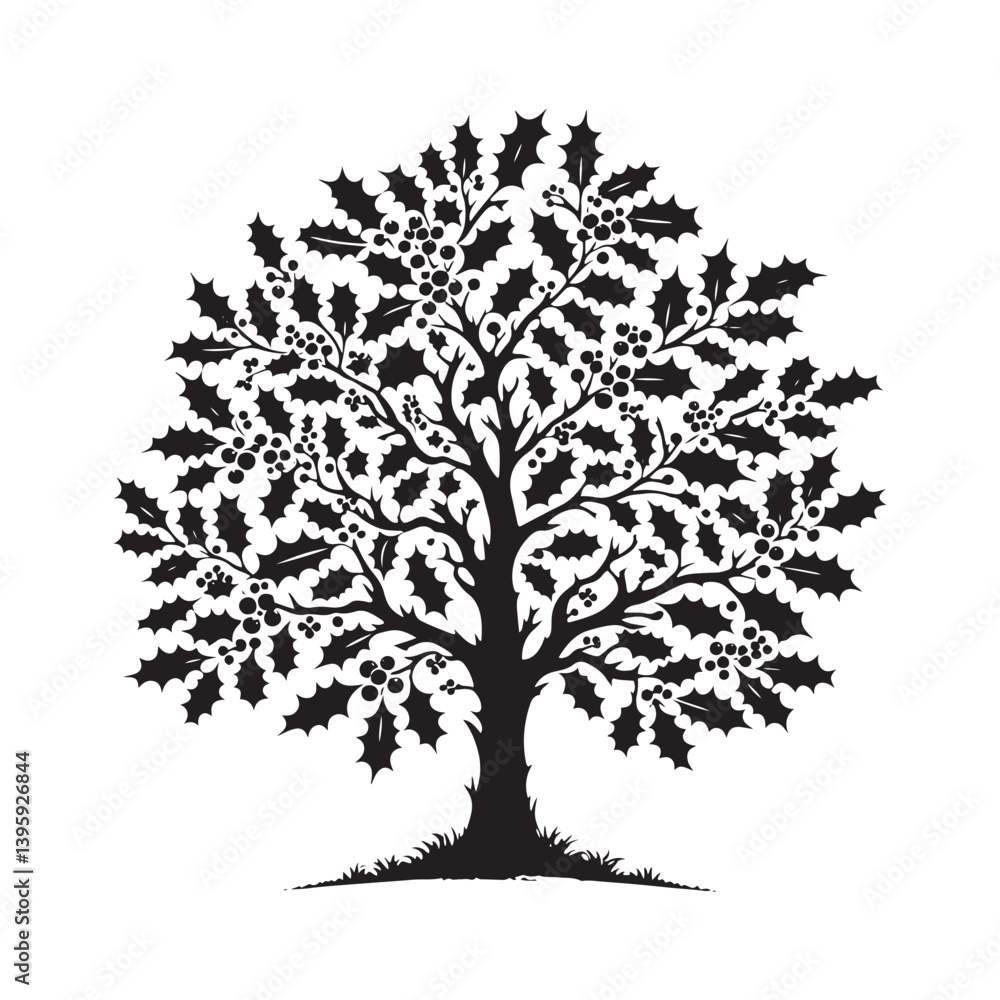 Fototapeta premium Holly Tree Art - Minimalist holly tree Silhouette - Holly Tree Vector - Tree Illustration.