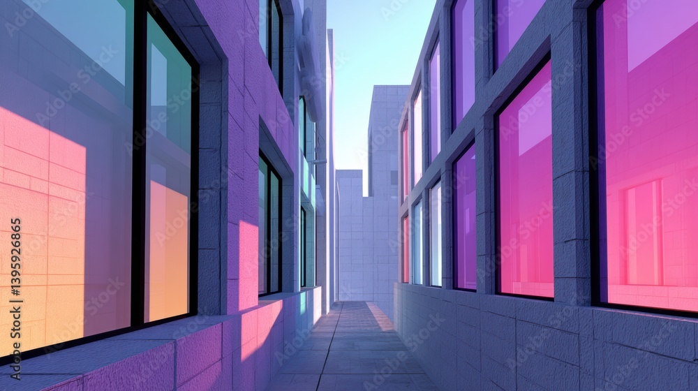 Fototapeta premium abstract architecture, surreal cityscape with irregular angles, open frames, fragmented architecture, and rainbow gradient blocks, creating strong empty space