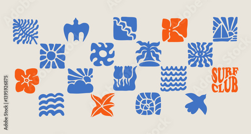 Boho Summer Beach square elements Set. Groovy Geometric Sun, Seashells, Bird, Waves and Flower. Vector Abstract Tropical Icons in Freehand Retro Style for Logo, Print, Poster, Web Design. Vector