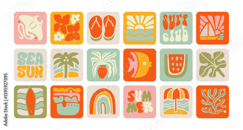 Summer Boho Nature simple flat elements Set. Groovy Geometric Summer Palm Leaf, coral, sunset, sea, beach, surf. Vector Abstract Square Tropical Icons in Freehand Retro Style for Logo, Print, Poster
