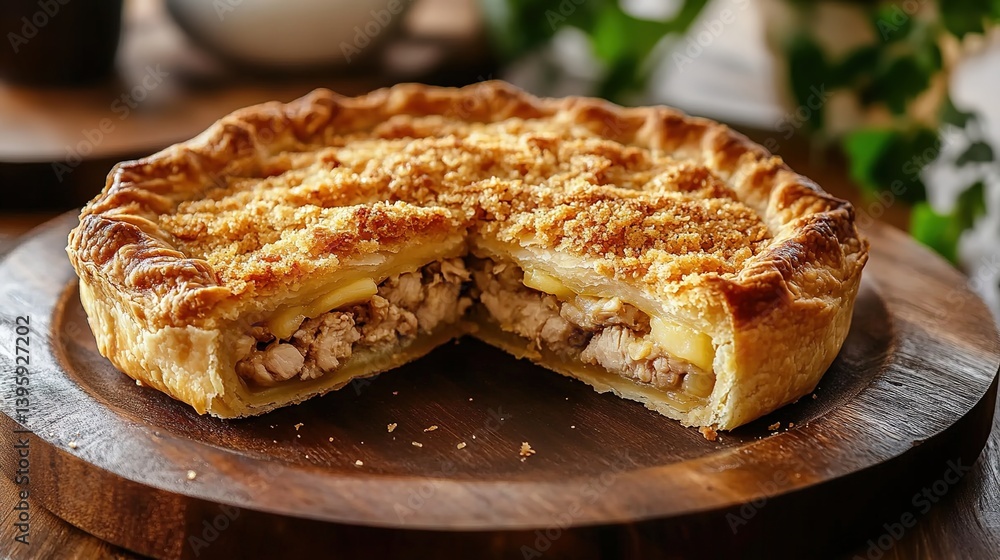 A half-cut meat-filled flaky pastry pie on a wooden tray, golden crust revealing filling, parsley beside, blurred background with a white bowl hint. A half-cut meat-filled flaky pastry pie on a wooden tray, golden crust revealing filling, parsley beside, blurred background with a white bowl hint.