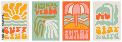70s groovy summer posters ser. Flat hand drawn cartoon psychedelic style. Bright hippie retro elements - sunset, flowers, beach. Cute typography and trip wave. Vector collection with paper texture