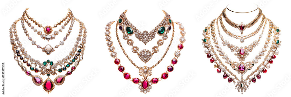 Set of Close-up shot of a premium quality American Diamond double-layer necklace set on transparent png background. Ai generated Set of Close-up shot of a premium quality American Diamond double-layer necklace set on transparent png background. Ai generated