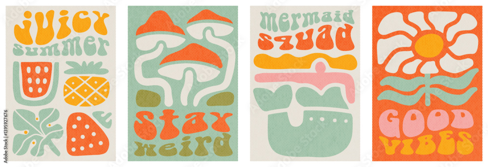 Happy summer hippie art print set. Abstract retro aesthetic backgrounds collection with groovy daisy flower, trippy mushroom, juicy fruits, mermaid. Vintage mid century art prints. 60s, 70s, 80s style Happy summer hippie art print set. Abstract retro aesthetic backgrounds collection with groovy daisy flower, trippy mushroom, juicy fruits, mermaid. Vintage mid century art prints. 60s, 70s, 80s style
