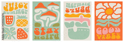 Happy summer hippie art print set. Abstract retro aesthetic backgrounds collection with groovy daisy flower, trippy mushroom, juicy fruits, mermaid. Vintage mid century art prints. 60s, 70s, 80s style