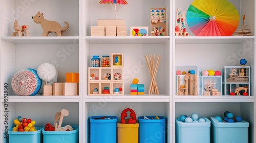 A white multi-layer shelf displaying various children's toys: plush toys, wooden animal figurines, colorful balls, and wooden toy houses on the top layer; wooden blocks, beaded toys