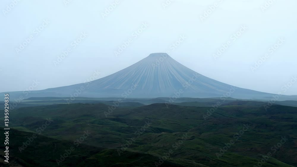 A majestic volcano shrouded in mist, showcasing its conical shape and surrounding landscape. A majestic volcano shrouded in mist, showcasing its conical shape and surrounding landscape.