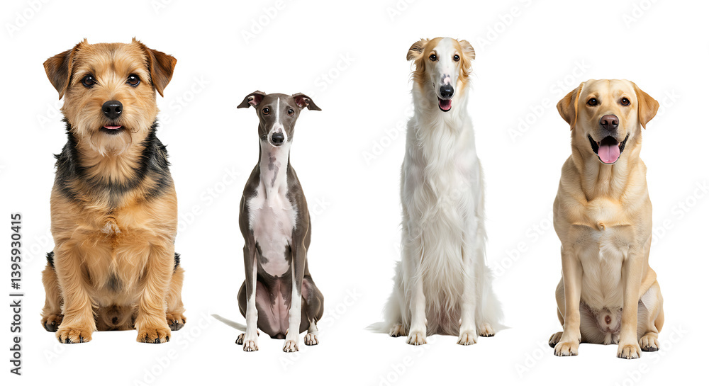 Four Different Breed Dogs Sitting Side by Side on White Four Different Breed Dogs Sitting Side by Side on White