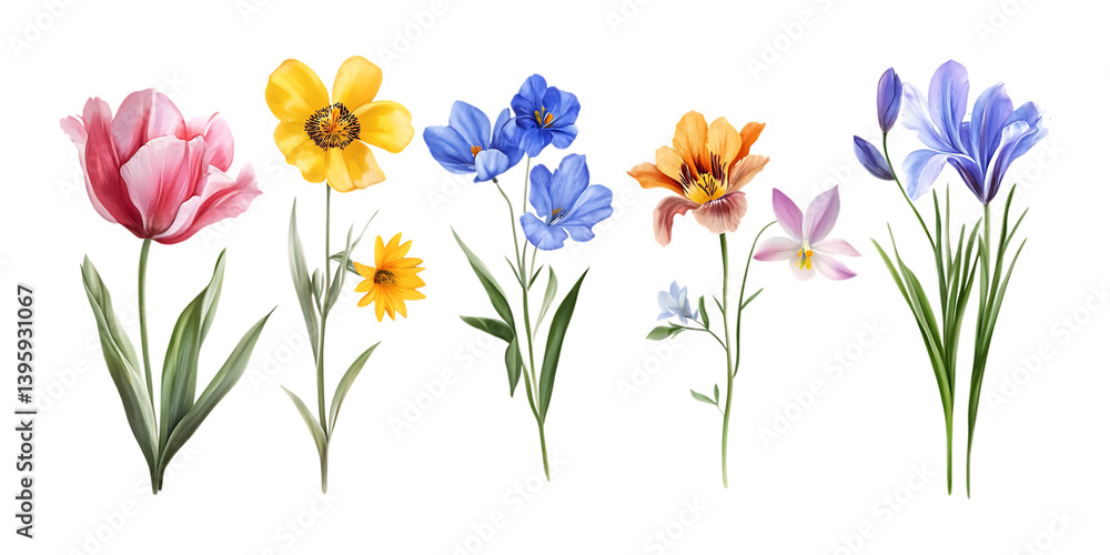 Pack Spring Flower Set in Different Poses Against Transparent Background for Floral, Seasonal, or Nature Designs Pack Spring Flower Set in Different Poses Against Transparent Background for Floral, Seasonal, or Nature Designs