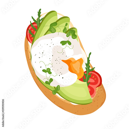 Delicious open sandwich with poached egg, avocado slices, cherry tomatoes and fresh herbs on toast. Healthy breakfast concept Perfect for menu design, banner, print or web. Flat vector illustration