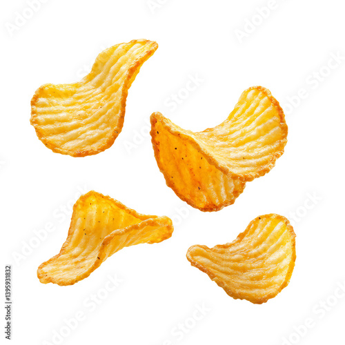 Crispy golden ridged potato chips flying in mid-air with crunchy texture and curved edges — Isolated Transparent Background