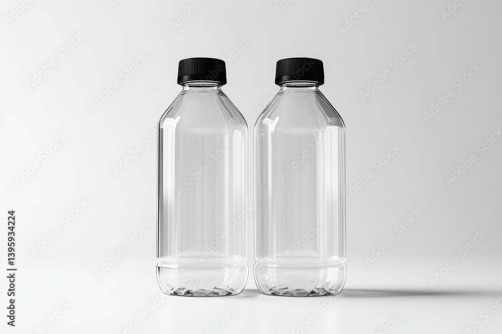 Two clear plastic bottles with black caps on white surface Two clear plastic bottles with black caps on white surface