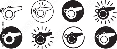   Whistle Icon Collection in Bold and Outline Styles with Sound Effect Lines for Sports, Alerts, Refereeing, and Emergency Concept Designs