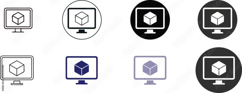 Set of Computer Monitor Icons Displaying 3D Cube Graphics in Multiple Styles Including Outline, Filled, Circular, and Colored Variants for Tech and Design Applications Set of Computer Monitor Icons Displaying 3D Cube Graphics in Multiple Styles Including Outline, Filled, Circular, and Colored Variants for Tech and Design Applications