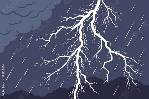A dramatic lightning bolt strikes during a torrential downpour, a stark contrast against a dark stormy sky in minimalist vector art.