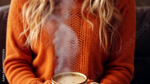 young woman hold cup of hot tea close up, autumn vibe