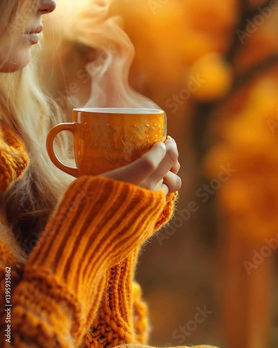 young woman hold cup of hot tea close up, autumn vibe