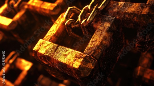 Ancient, metallic, interlocking cubes chained together