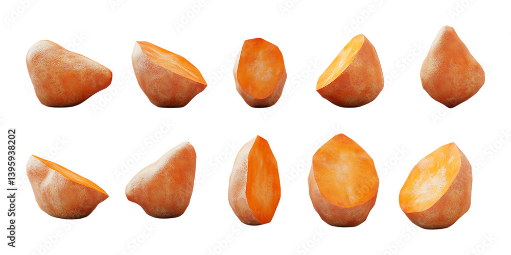 Pack Sweet Potato Set in Different Poses on Transparent Background for Food, Healthy, and Agriculture-Themed Designs Pack Sweet Potato Set in Different Poses on Transparent Background for Food, Healthy, and Agriculture-Themed Designs
