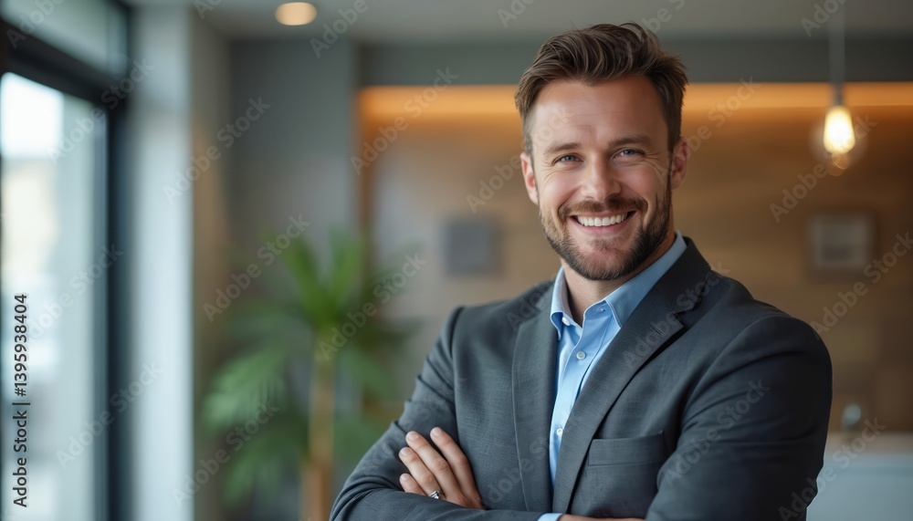 Successful businessman in suit smiles. Confident handsome realtor poses in office. Male agent, broker, executive looks camera with friendly face expression. Real estate consultant ready for sale. Successful businessman in suit smiles. Confident handsome realtor poses in office. Male agent, broker, executive looks camera with friendly face expression. Real estate consultant ready for sale.