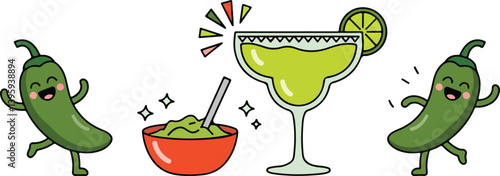  ute Cartoon Mexican Fiesta Illustration with Dancing Chili Peppers, Guacamole Bowl, and Margarita Cocktail Glass with Lime Slice