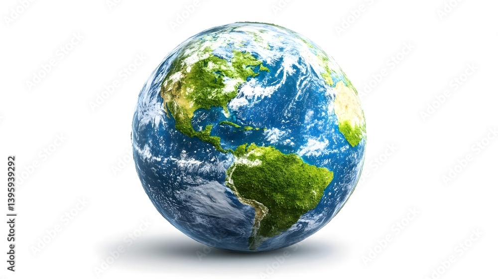 Fototapeta premium 3D Realistic Earth Model Isolated on White Background Showing Americas and Ocean Details