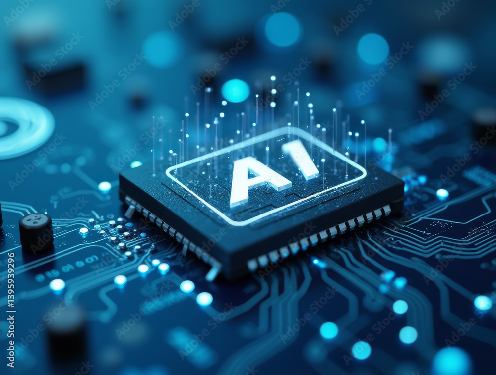 3D render AI artificial intelligence technology CPU central processor unit chipset on the printed circuit board for electronic and technology concept select focus shallow depth of field. Ai generative