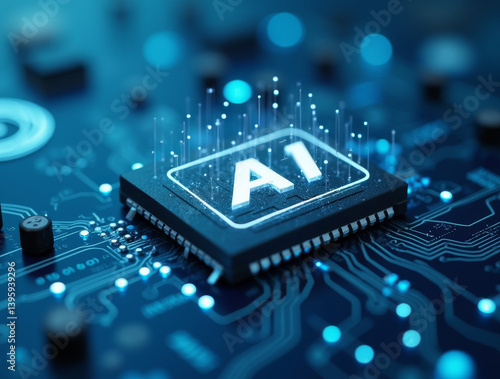 Obraz na płótnie 3D render AI artificial intelligence technology CPU central processor unit chipset on the printed circuit board for electronic and technology concept select focus shallow depth of field. Ai generative w salonie