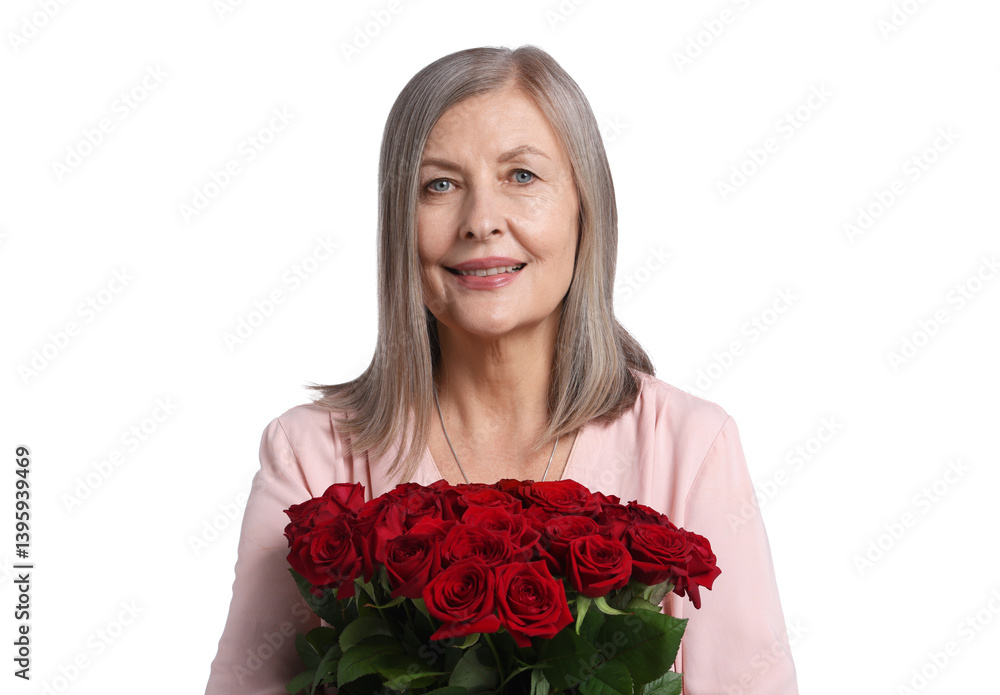 Smiling woman with bouquet of roses on white background