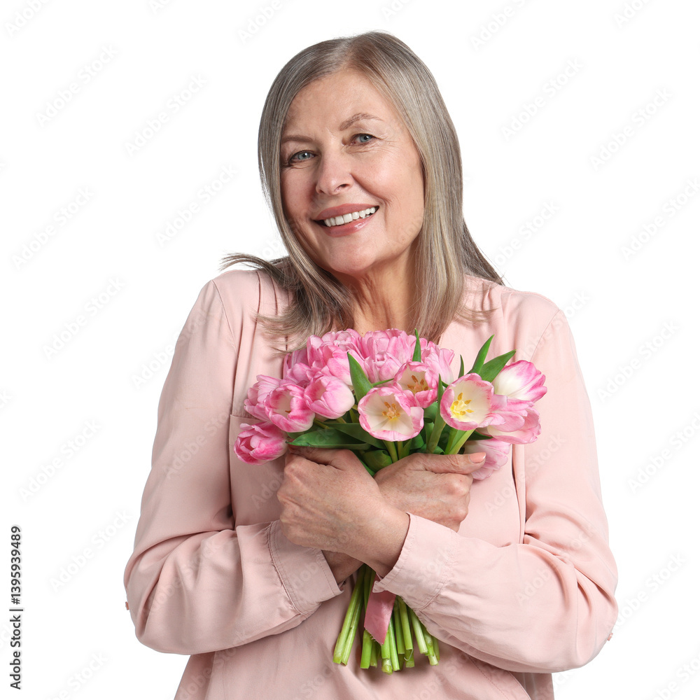 Smiling woman with bouquet of tulips on white background Smiling woman with bouquet of tulips on white background