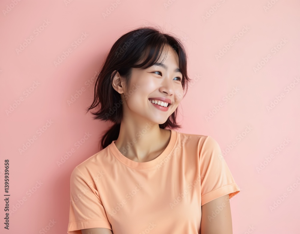 Young Asian woman smiles. Happy female wears casual clothes. Cheerful expression, natural face, looking to side. Brunette hair, skin care, toothy grin. Joy and happiness. Young Asian woman smiles. Happy female wears casual clothes. Cheerful expression, natural face, looking to side. Brunette hair, skin care, toothy grin. Joy and happiness.