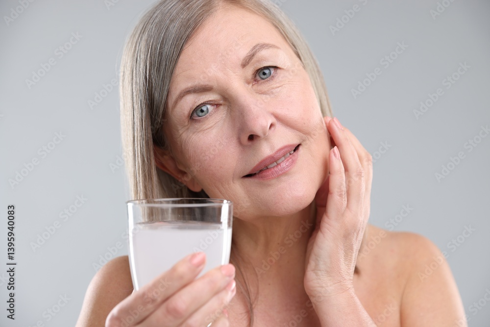 Woman with glass of collagen water on grey background Woman with glass of collagen water on grey background