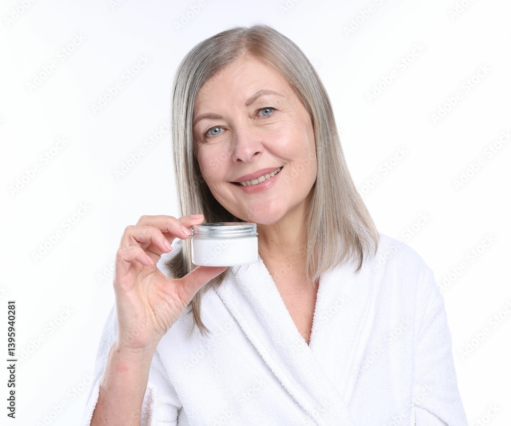 Smiling woman with jar of collagen cream on white background Smiling woman with jar of collagen cream on white background