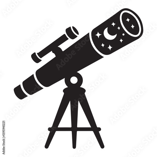 Vector illustration of a black telescope on a tripod for photography and astronomy with a professional, optical lens and metal stand