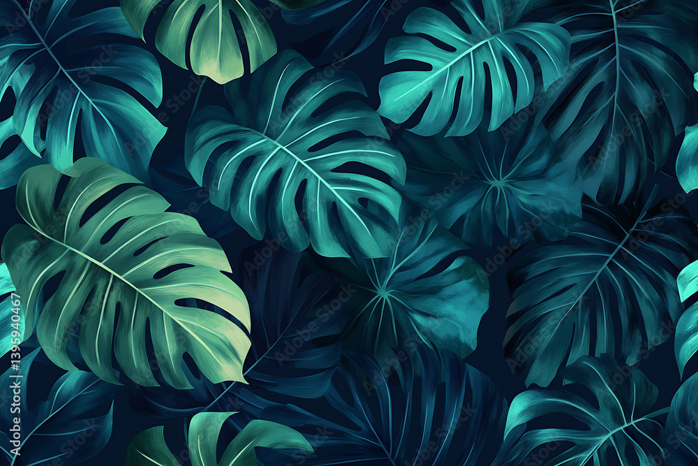 Tropical leaves seamless pattern, vector illustration with green and blue colors on a dark background. Jungle plants design for textile fabric print or wallpaper wall mural. Tropical leaves seamless pattern, vector illustration with green and blue colors on a dark background. Jungle plants design for textile fabric print or wallpaper wall mural.