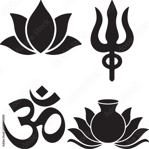 A detailed set of Hindu religious symbols, including Om, Swastik, Trishul, and Lotus, representing divine energy, purity, and spirituality.